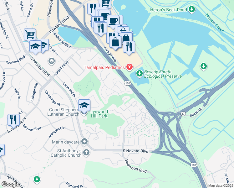 map of restaurants, bars, coffee shops, grocery stores, and more near 1162 Redwood Boulevard in Novato
