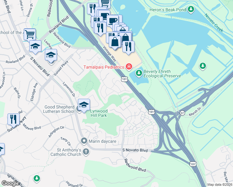 map of restaurants, bars, coffee shops, grocery stores, and more near 1162 Redwood Boulevard in Novato
