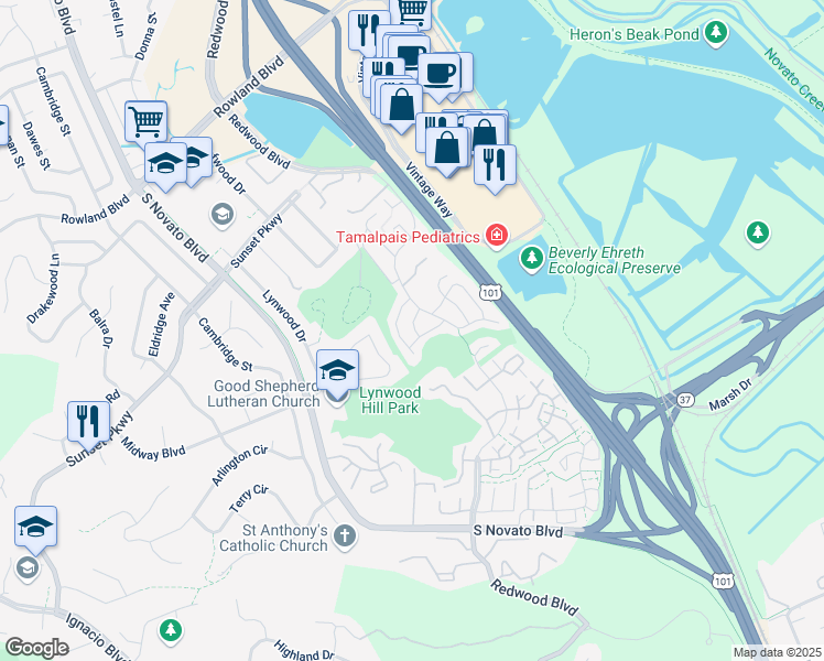 map of restaurants, bars, coffee shops, grocery stores, and more near 33 Pinewood Lane in Novato