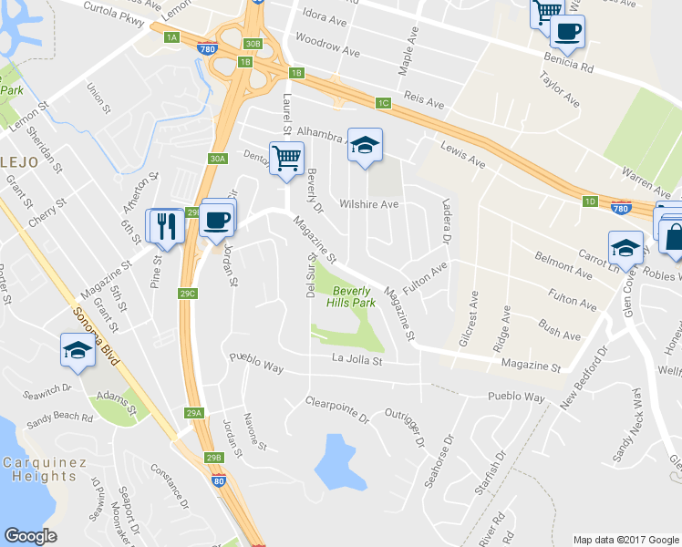 map of restaurants, bars, coffee shops, grocery stores, and more near 1421 Magazine Street in Vallejo