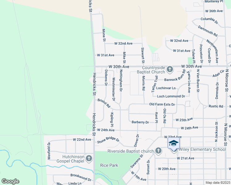 map of restaurants, bars, coffee shops, grocery stores, and more near 2704 Westminster Drive in Hutchinson