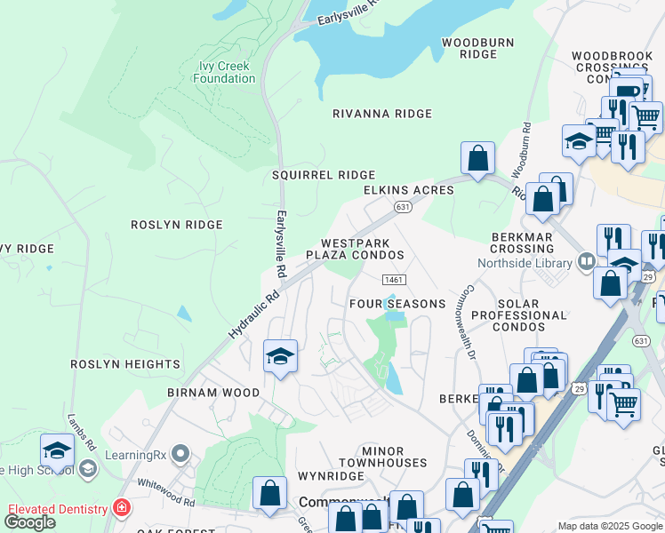 map of restaurants, bars, coffee shops, grocery stores, and more near 301 Rio Road West in Charlottesville