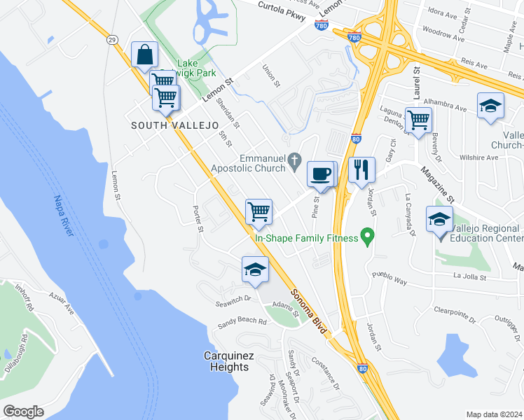 map of restaurants, bars, coffee shops, grocery stores, and more near 942 Grant Street in Vallejo