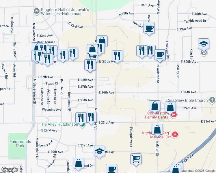 map of restaurants, bars, coffee shops, grocery stores, and more near 1407 E 27th Ave in Hutchinson