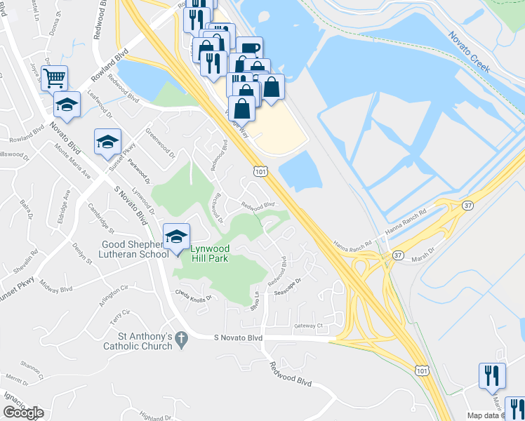map of restaurants, bars, coffee shops, grocery stores, and more near 1122 Redwood Boulevard in Novato