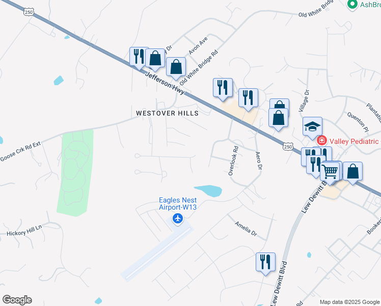 map of restaurants, bars, coffee shops, grocery stores, and more near Jefferson Highway in Fishersville