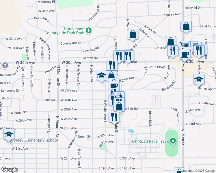 map of restaurants, bars, coffee shops, grocery stores, and more near 2700 North Washington Street in Hutchinson