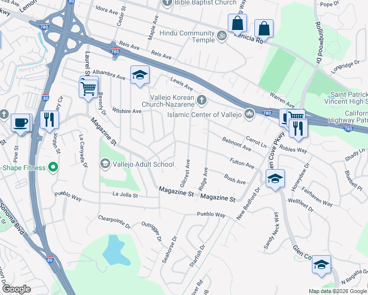map of restaurants, bars, coffee shops, grocery stores, and more near 409 Gilcrest Avenue in Vallejo