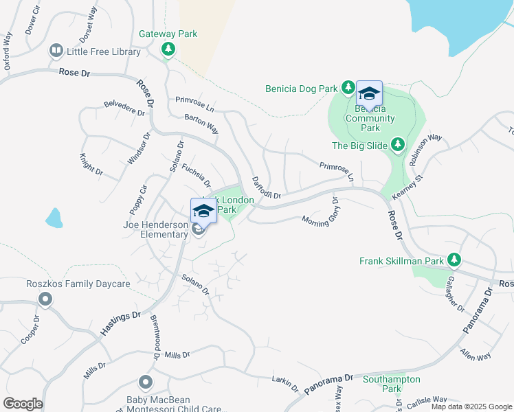 map of restaurants, bars, coffee shops, grocery stores, and more near Rose Dr & Snapdragon Dr in Benicia
