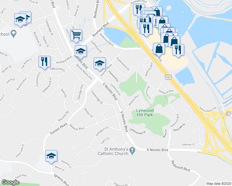 map of restaurants, bars, coffee shops, grocery stores, and more near 1245 Lynwood Drive in Novato