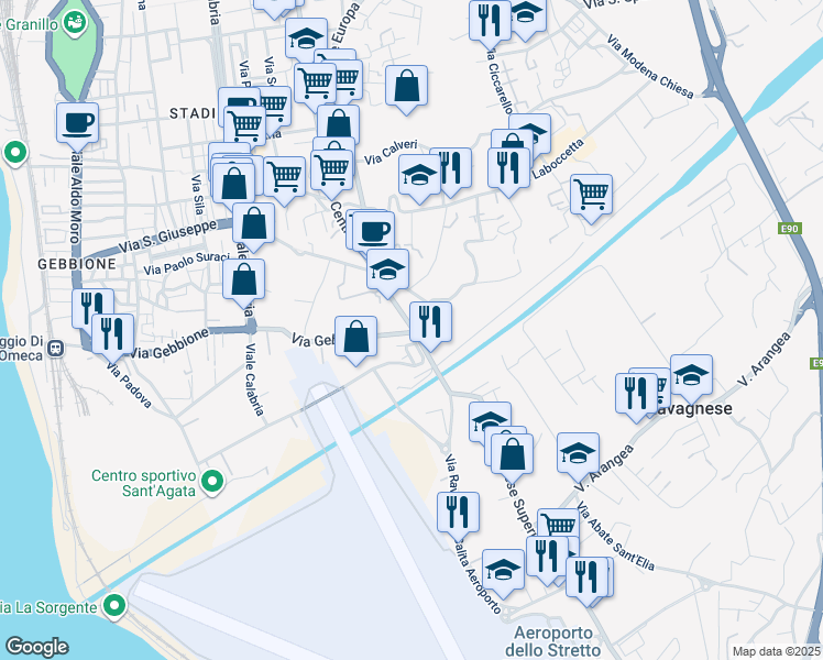map of restaurants, bars, coffee shops, grocery stores, and more near 150 Via Gebbione in Reggio Calabria