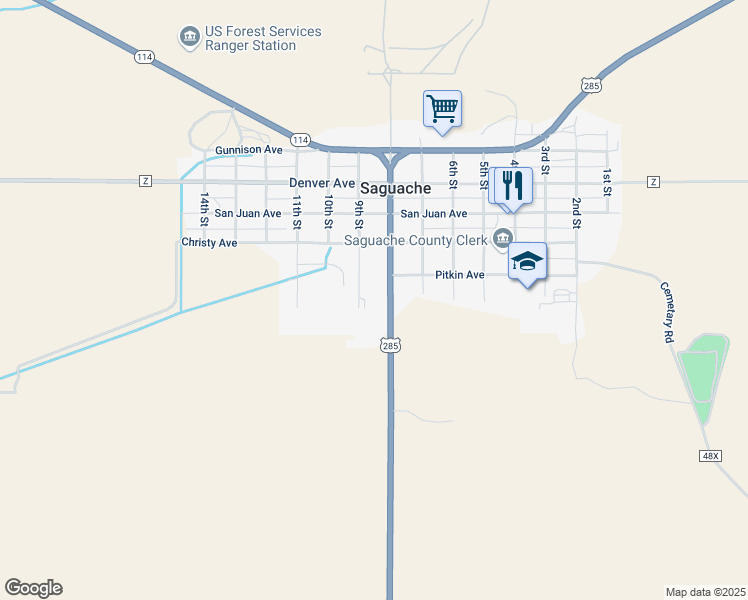 map of restaurants, bars, coffee shops, grocery stores, and more near 14473 US Highway 285 in Saguache