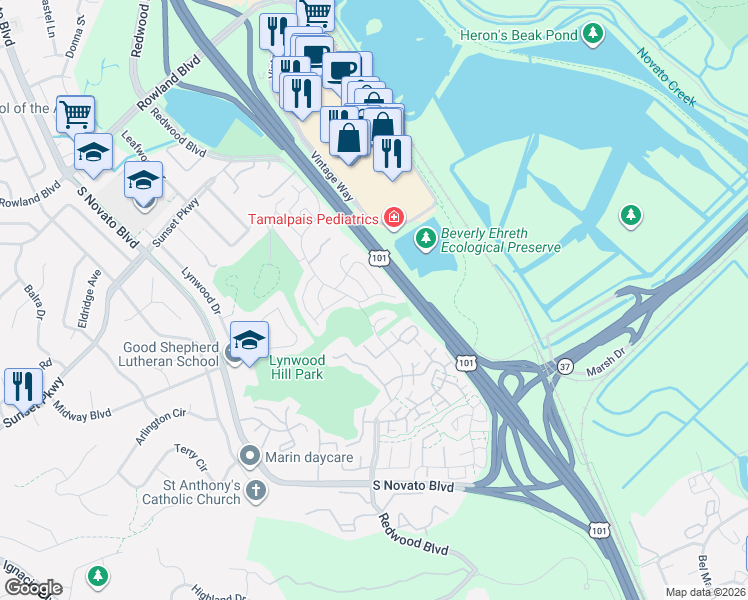 map of restaurants, bars, coffee shops, grocery stores, and more near 1122 Redwood Boulevard in Novato