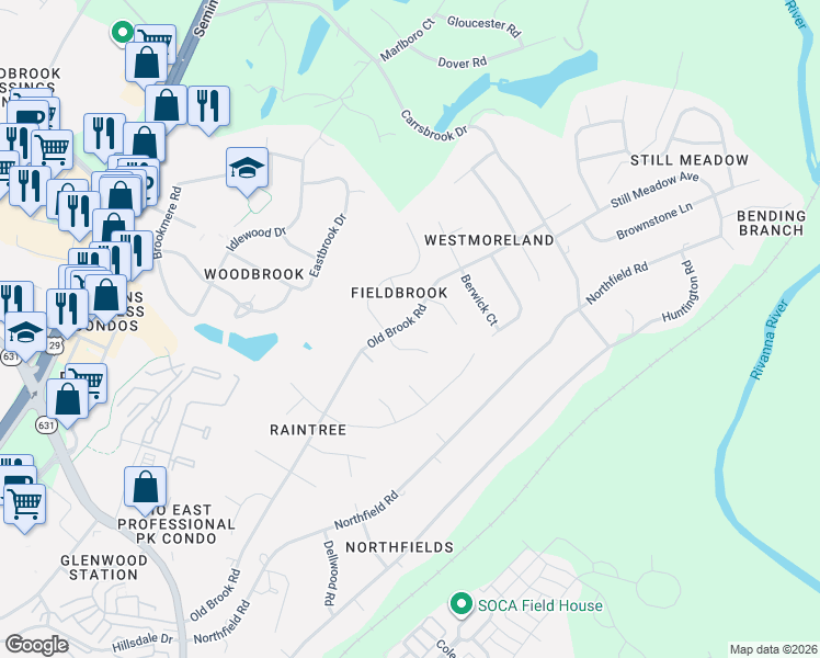 map of restaurants, bars, coffee shops, grocery stores, and more near 1739 Old Brook Rd in Charlottesville