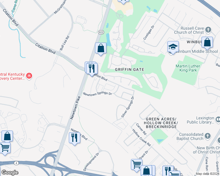 map of restaurants, bars, coffee shops, grocery stores, and more near 1320 Russell Springs Drive in Lexington