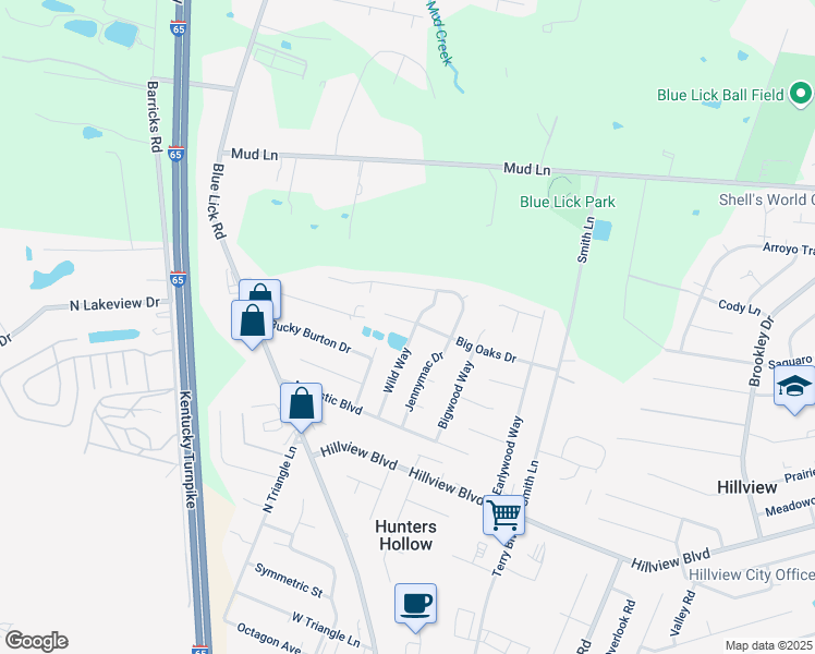map of restaurants, bars, coffee shops, grocery stores, and more near 427 Big Oaks Drive in Louisville