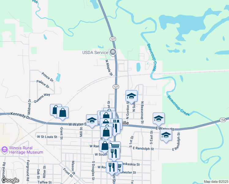 map of restaurants, bars, coffee shops, grocery stores, and more near 2-98 West North Street in Pinckneyville
