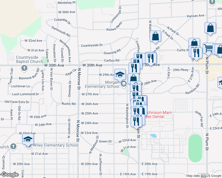 map of restaurants, bars, coffee shops, grocery stores, and more near 2721 North Adams Street in Hutchinson