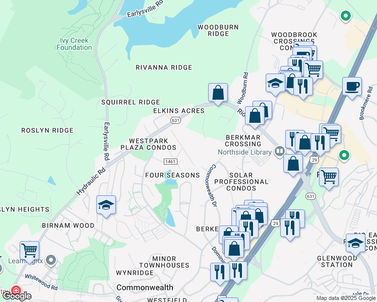 map of restaurants, bars, coffee shops, grocery stores, and more near 1523 Lake Forest Drive in Charlottesville