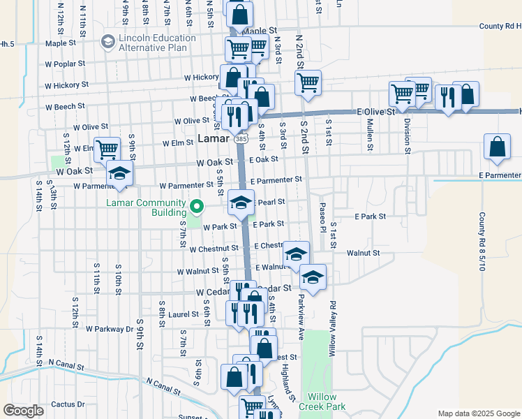 map of restaurants, bars, coffee shops, grocery stores, and more near 600 South 4th Street in Lamar