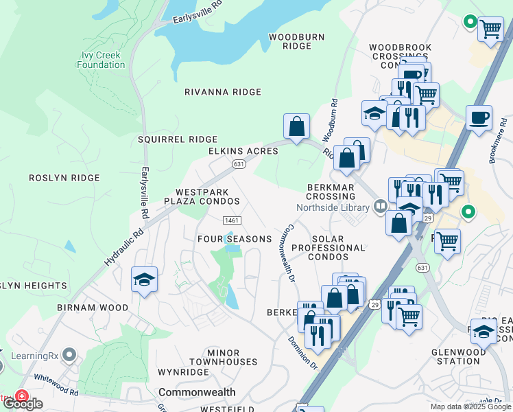 map of restaurants, bars, coffee shops, grocery stores, and more near 1523 Lake Forest Drive in Charlottesville