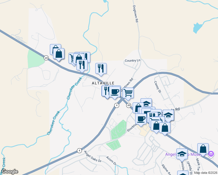 map of restaurants, bars, coffee shops, grocery stores, and more near in Angels Camp