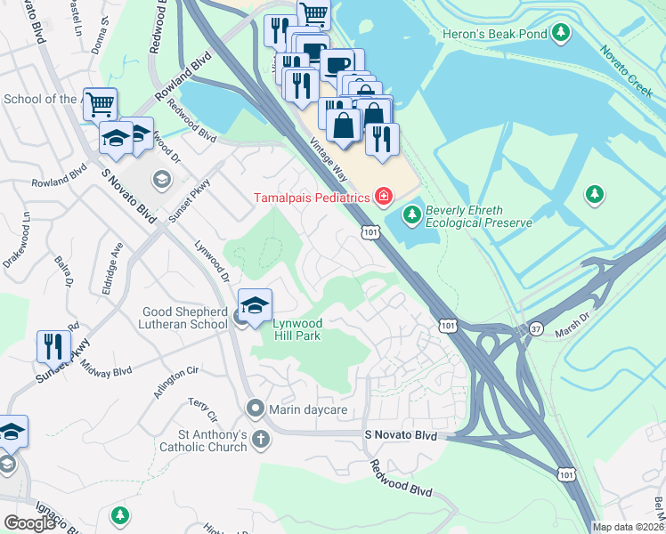 map of restaurants, bars, coffee shops, grocery stores, and more near 1162 Redwood Boulevard in Novato