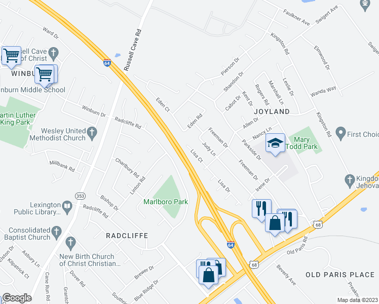 map of restaurants, bars, coffee shops, grocery stores, and more near 628 Lisa Court in Lexington