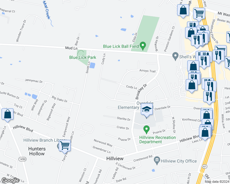 map of restaurants, bars, coffee shops, grocery stores, and more near 151 Arroyo Trail in Louisville
