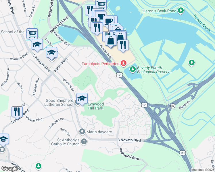 map of restaurants, bars, coffee shops, grocery stores, and more near 1162 Redwood Boulevard in Novato