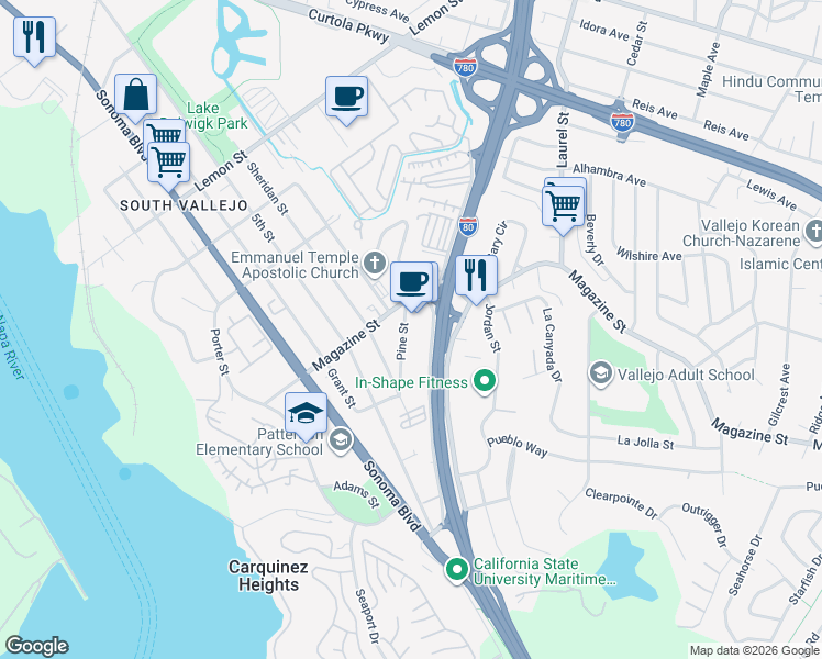 map of restaurants, bars, coffee shops, grocery stores, and more near 1021 Pine Street in Vallejo