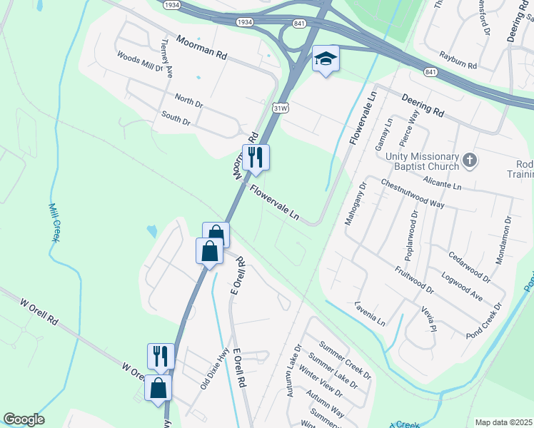map of restaurants, bars, coffee shops, grocery stores, and more near 6328 Winding Stream Drive in Louisville