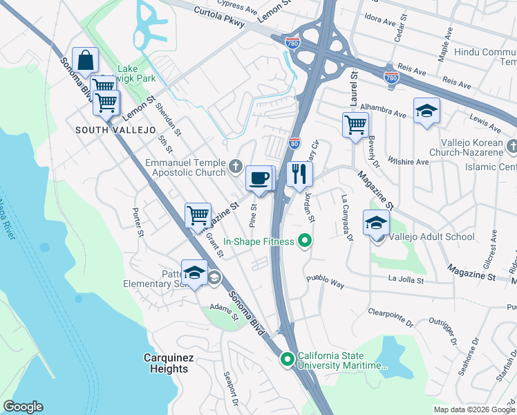 map of restaurants, bars, coffee shops, grocery stores, and more near 1021 Pine Street in Vallejo