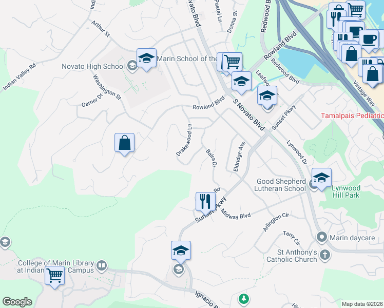 map of restaurants, bars, coffee shops, grocery stores, and more near 74 Drakewood Lane in Novato