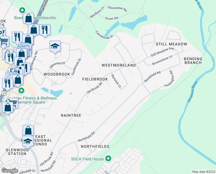 map of restaurants, bars, coffee shops, grocery stores, and more near 1213 Bixham Lane in Charlottesville