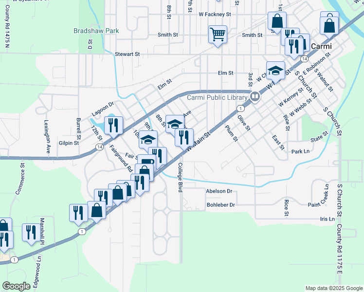 map of restaurants, bars, coffee shops, grocery stores, and more near 800 West Main Street in Carmi