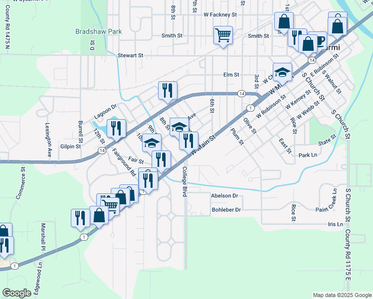 map of restaurants, bars, coffee shops, grocery stores, and more near 800 West Main Street in Carmi