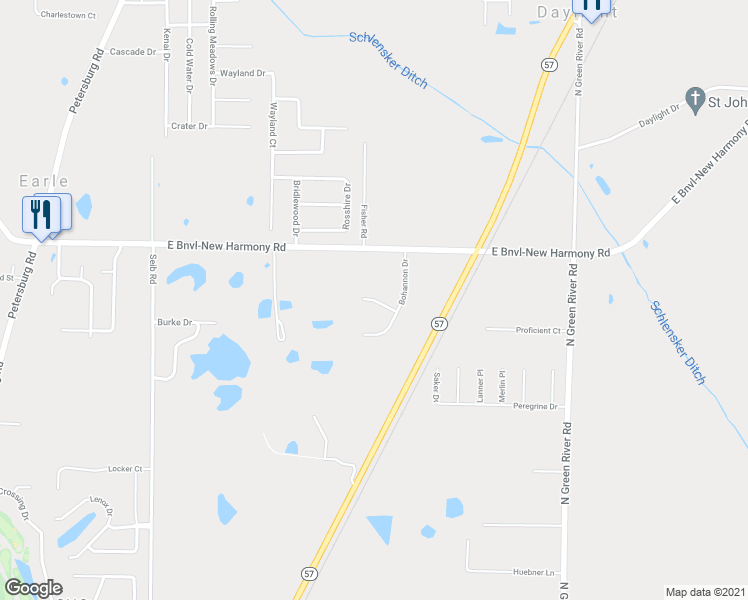 map of restaurants, bars, coffee shops, grocery stores, and more near 4017 Bohannon Court in Evansville