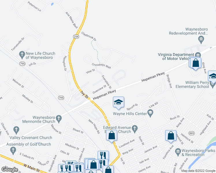 map of restaurants, bars, coffee shops, grocery stores, and more near 352 Overview Street in Waynesboro
