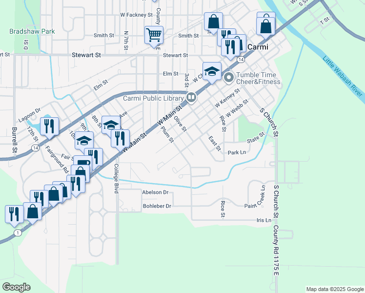 map of restaurants, bars, coffee shops, grocery stores, and more near 601 West Webb Street in Carmi