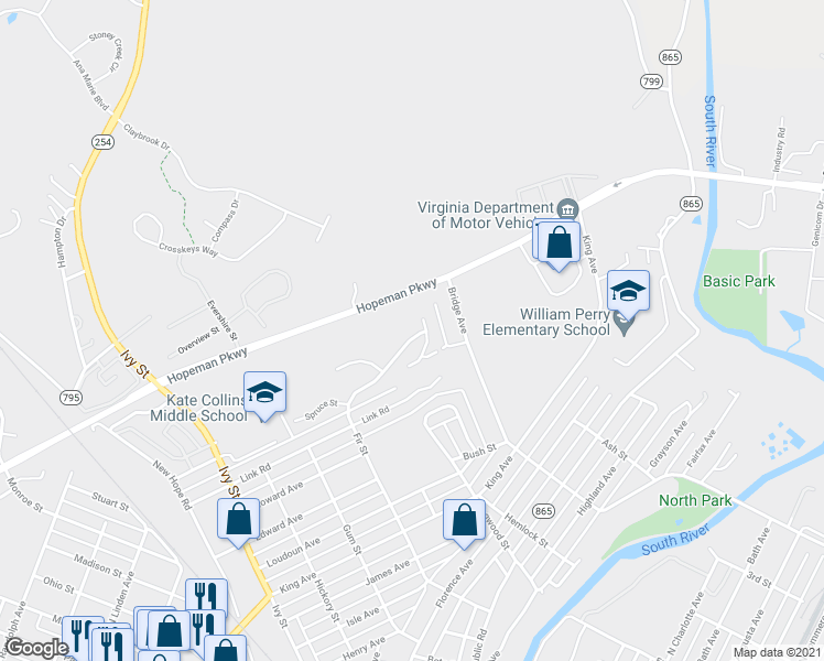 map of restaurants, bars, coffee shops, grocery stores, and more near 1623 Fir Street in Waynesboro