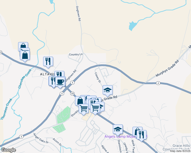map of restaurants, bars, coffee shops, grocery stores, and more near 693 Casey Street in Angels Camp