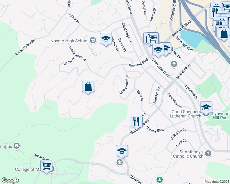 map of restaurants, bars, coffee shops, grocery stores, and more near 195 Drakewood Place in Novato