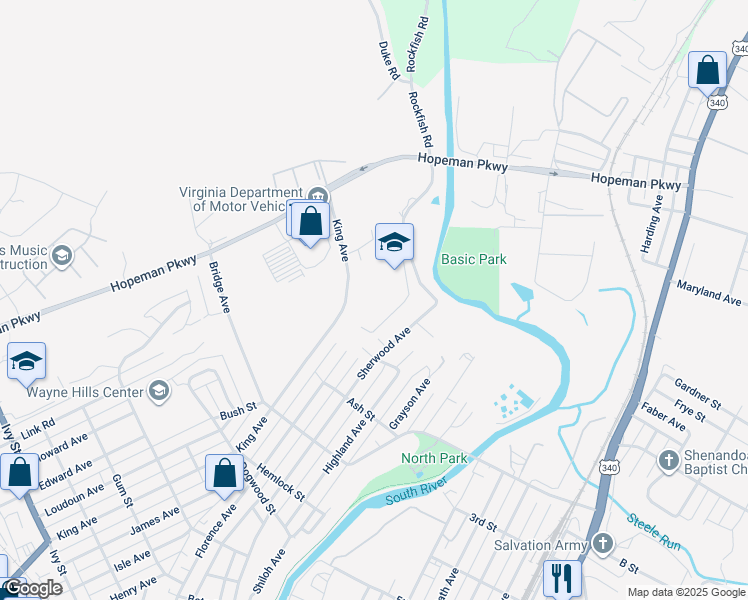 map of restaurants, bars, coffee shops, grocery stores, and more near 840 King Avenue in Waynesboro