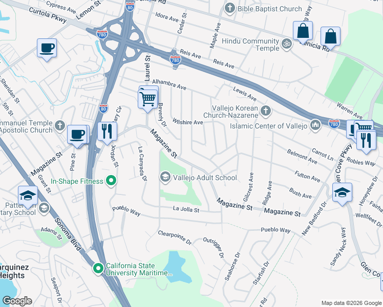 map of restaurants, bars, coffee shops, grocery stores, and more near 1241 Coronel Avenue in Vallejo