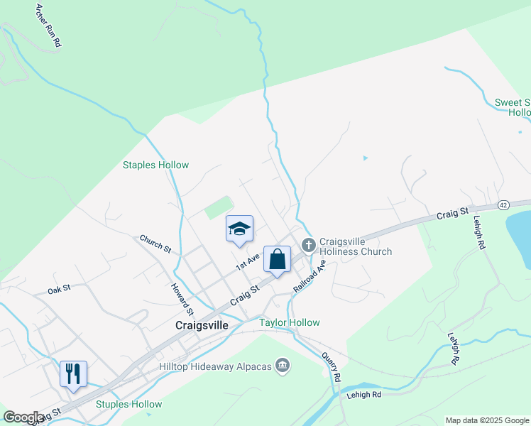 map of restaurants, bars, coffee shops, grocery stores, and more near 101 Central Avenue in Craigsville