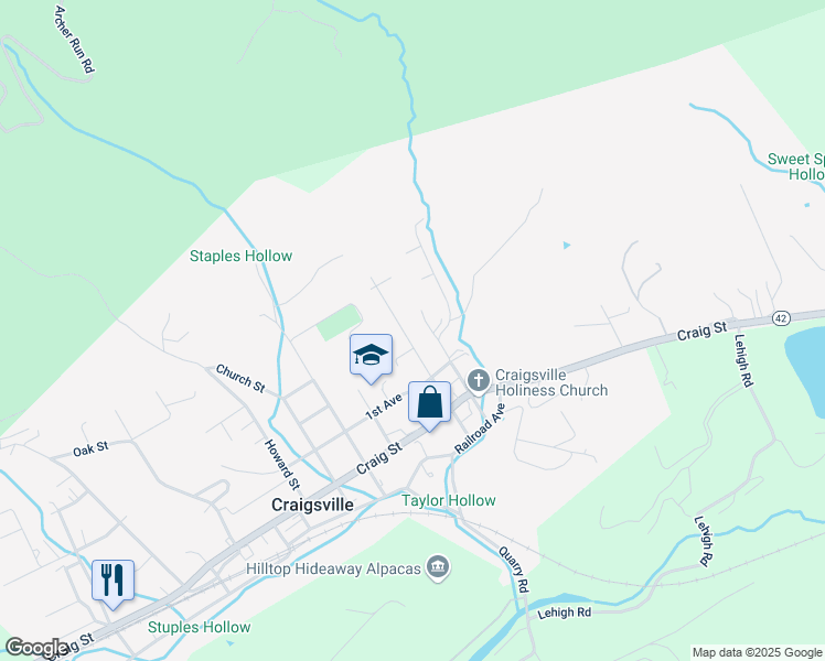 map of restaurants, bars, coffee shops, grocery stores, and more near 101 Central Avenue in Craigsville