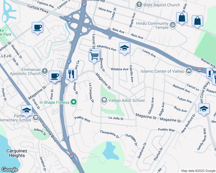 map of restaurants, bars, coffee shops, grocery stores, and more near 1421 Magazine Street in Vallejo
