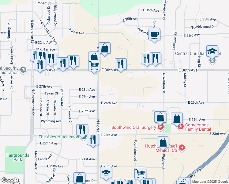 map of restaurants, bars, coffee shops, grocery stores, and more near 1407 E 27th Ave in Hutchinson