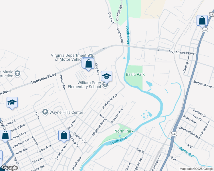 map of restaurants, bars, coffee shops, grocery stores, and more near 840 King Avenue in Waynesboro